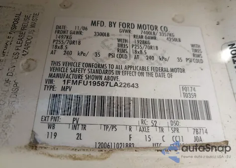 2007 Ford Expedition Limited z USA, uszkodzony, nr VIN 1FMFU19587LA22643